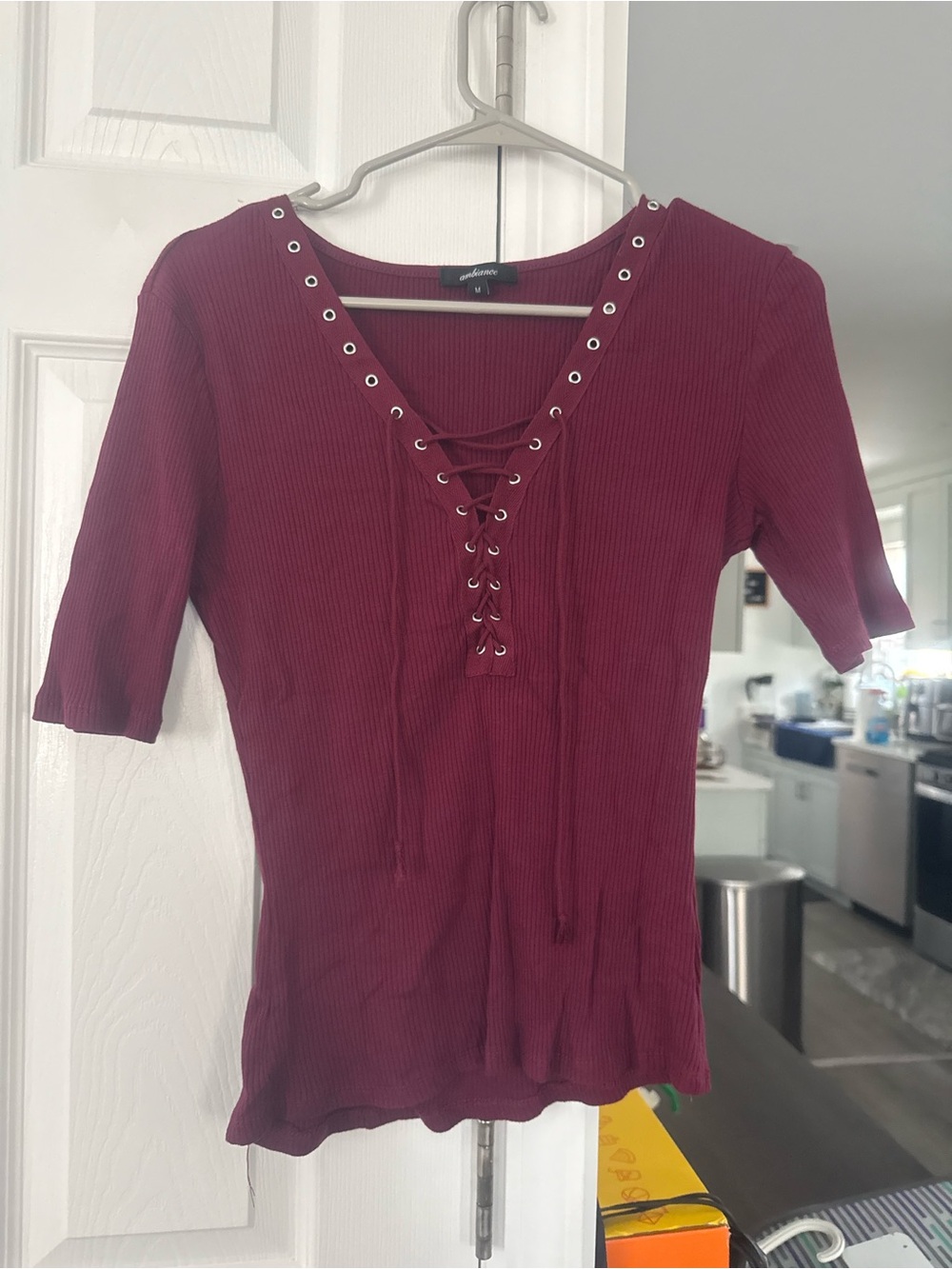 Ambiance Ribbed Lace-Up Short Sleeve Top in Burgundy
